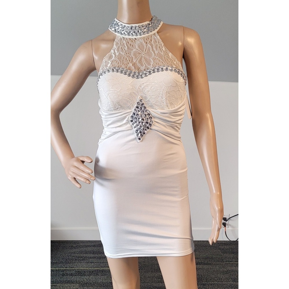 Sexy Women White Lace Rhinestone Strapless  Mini Club Party Cocktail Dress Small